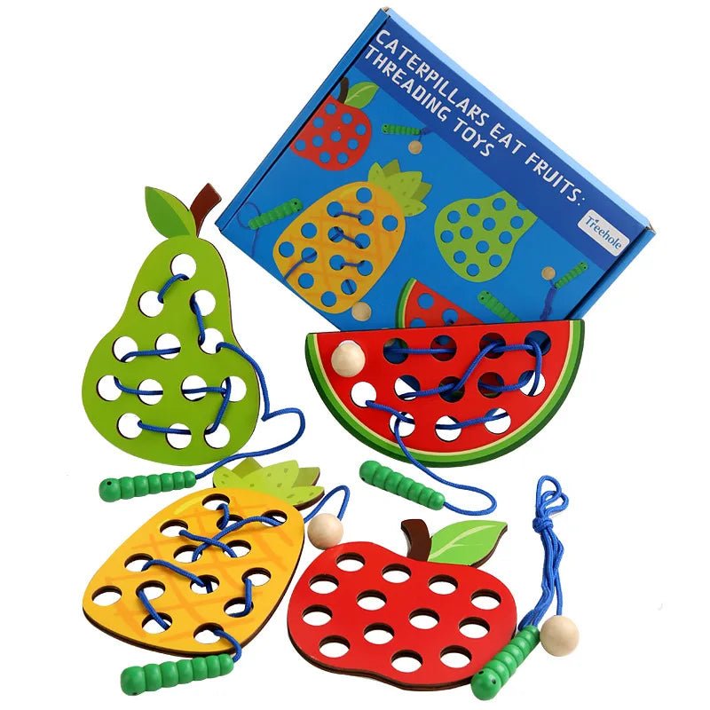 Wooden fruit threading board placed in Montessori early education threading game - KIWI UNIVERS