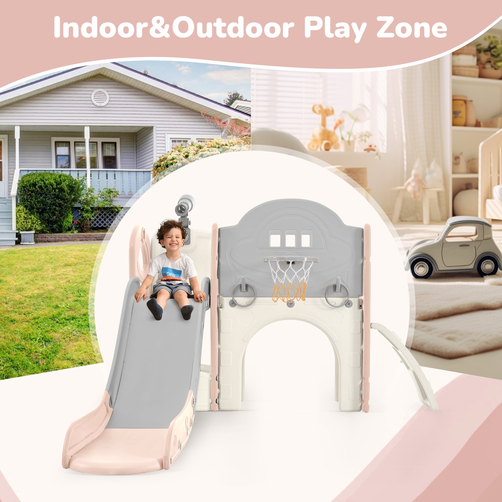 Kids Slide Playset Structure 7 in 1, Freestanding Spaceship Set with Slide, Arch Tunnel Pink+Grey + HDPE - KIWI UNIVERS